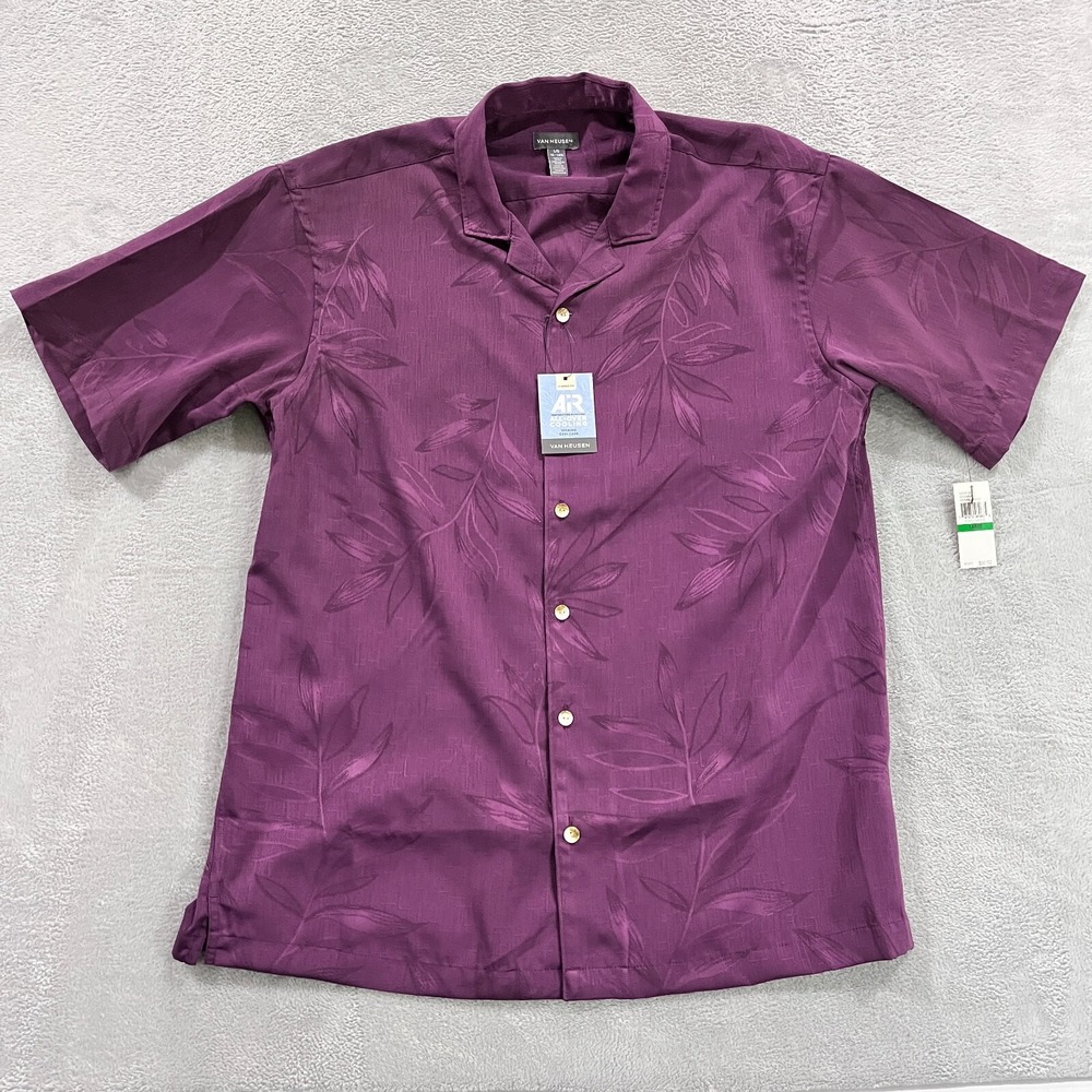 Van Heusen Shirt Men Large All Over Cooling Wicking‎ Button Up NWT Purple Leafs
